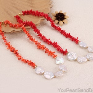 19-20mm Pearls&5x8mm Coral Beads Necklace,Real Red/Orange Coral Beaded Necklace with Freshwater White Coin Pearls,Necklaces for Women,Gift