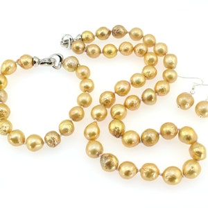10-12mm Glod Edison Freshwater Pearl Set,Real Pearl Necklace Bracelet Earrings,Bridesmaid Necklace,Girls Gift,Gift For Her -EN004