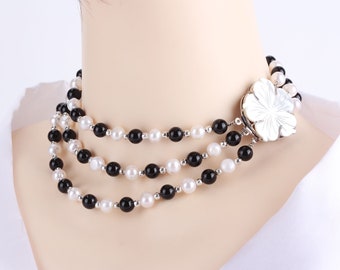7-8mm Pearls Necklace,White Freshwater Pearl and Black Agate Necklace,3 Row Pearl Beaded Choker,Gemstone Beads Necklace,Necklace For Women