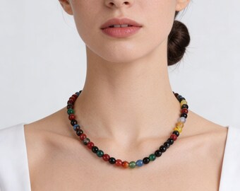 Handmade 8mm Faceted Colorful Agate Beads Necklace,Rainbow Summer Agate Choker,Jewelry Gift for Her