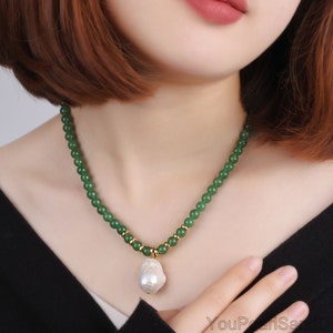 Beautiful Green Jade Beads&White Baroque Pearl Necklace,Gemstone Choker,Necklace with Gold Plated Beads,Gift For Best Friend,Gifts For Women