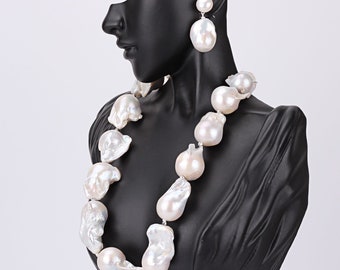 20x26-27mm Handmade Large White Baroque Pearls Earrings,Natural Flameball Pearls Necklace,Real Pearls Jewelry,Wedding Jewelry,Gift For Her