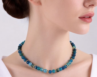 Handmade 8mm Smooth Blue Round Striped Agate Beaded Necklace,Gemstone Jewelry Gift for Her