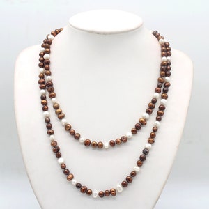 Bruine en witte handgemaakte natuurlijke parelketting choker, 6-8 mm nuggetparels lange ketting, Moederdagcadeaus Valentijnsdagcadeaus-40 inch