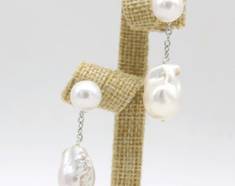 Pendientes colgantes de perlas de bola de fuego reales, pendientes colgantes de perlas barrocas blancas naturales, pendientes de perlas de agua dulce, regalo de cumpleaños, regalos de aniversario