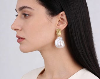 Pendientes de perlas barrocas blancas naturales de 14-19 x 22-25 mm, hechos a mano, perlas de agua dulce auténticas, para novias - E013
