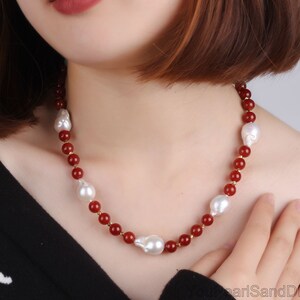 Natural Red Agate Necklace,Agate Necklace with Large Freshwater Baroque Pearls,Statement Necklace,Natural Baroque Pearls,Handmade Necklace
