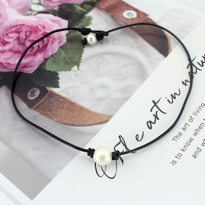 15 inches Handmade Genuine White Freshwater Pearl Chocker Necklace,Black Leather Pearl Chocker,Birthday Gift, Christmas Gift,Gift For Her