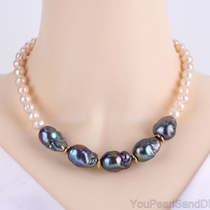 Handmade High Luster Peacock Black Baqroque Pearl&Natural Pink Round Pearls Necklace,Necklace Gift For Her,Statement Necklace,Wedding Gift