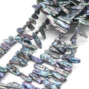 6-7x21-22 mm High Luster Peacock Green Biwa Pearl Beads,Biwa Stick Freshwater Pearl Strand,Wholesale,Full Strand Pearls-15.5 Inches-PS2248