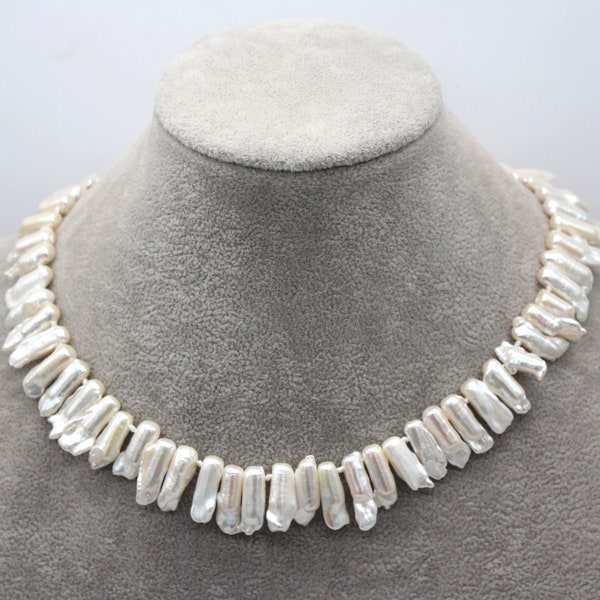 Baroque Pearl Necklace,White Stick Pearl Necklace Choker,Thick Biwa Pearl Necklace,Wedding jewelry, Multiple style clasps-17-18inches-NL2242