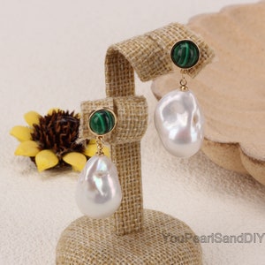 16x28mm High Luster Natural Baroque Pearl Earrings,Malachite Earrings,Freshwater Pearl Drop Stud Earrings,Baroque Pearl,Gifts for Her-PE2308