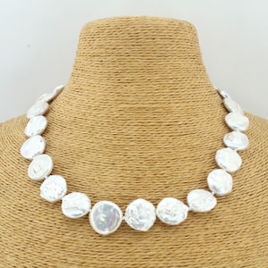 15-16mm Handmade White Freshwater Coin Pearl Necklace,Natural Pearl Knotted Necklace,Bridal Pearl Choker Wedding Necklace,Mother&#39;s Day Gift