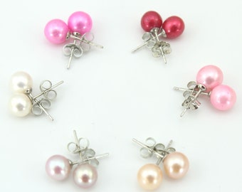6-8mm Multi colore orecchini di perle borchie, orecchini di perle d'acqua dolce, orecchino di nastro di sterlina, regalo di Natale/matrimonio/felicità, regalo per lei