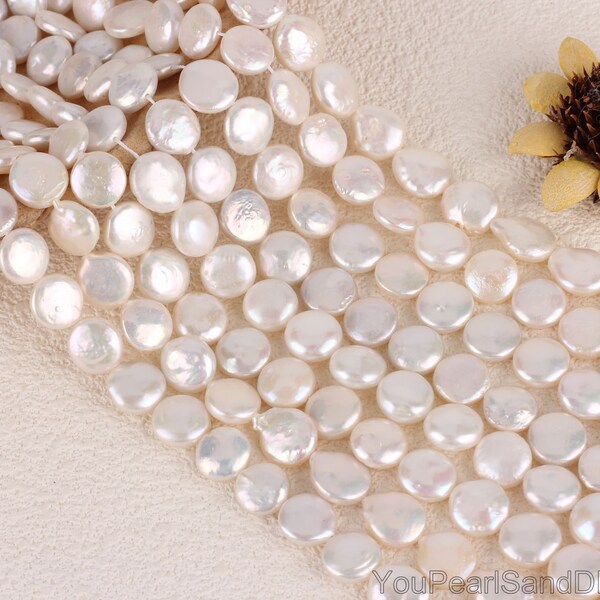 11-12mm Loose Coin Freshwater Cultured Pearls,Natural White Coin Pearls,Pearl Strands,Beads For DIY Necklace/Bracelet--15.5 inches-NK001-12