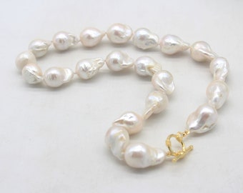 15-16x19-25mm Handmade High Luster Natural White Baroque Pearls Necklace,Real Fireball Pearls Necklace,Minimalist Necklace,Bridal Necklace