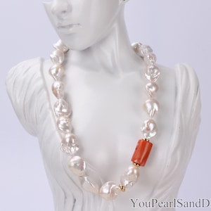 Natural White Baroque Pearl Necklace,Real Freshwater Pearl Necklace,Handmade Pearl Necklace With Coral Bead,Necklace Gift,Statement Necklace