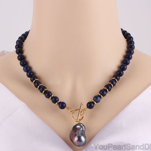 Blue Lapis& Peacock Blcak Baroque Pearls Necklace,High Quality Gemstone Necklace,Pearls Pendant Necklace,Gift For Best Friend,Gift For Women
