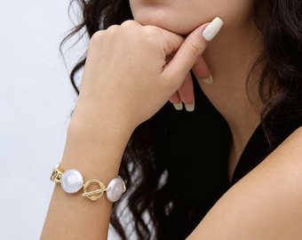 Braccialetti di perle naturali bianche da 16-17 mm, braccialetti di perle piatte naturali fatti a mano, braccialetti da sposa, regali per lei, braccialetti da donna - PB2304