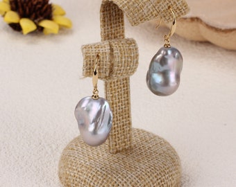 Gray Natural Baroque Pearl Earrings,Gold/Silver Pearl Hook Earrings,Handmade Pearls Earrings,Fireball Pearls Earrings,Gift For Her-PE2303