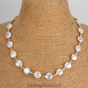 11-13mm Genuine Natural White Pearls Necklace,Handmade High Luster Coin Pearl Necklace,Wedding Necklace,Necklace Gift for Her,Christmas Gift
