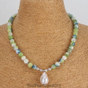 8mm Yellow Blue White Persian Jade Beaded Necklace,Jade Beads Pendant Necklace,Natural Baroque Pearl Pendant,Handmade Jade Beads Choker,Gift
