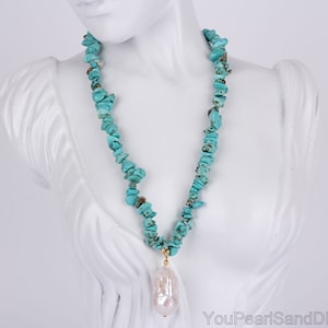 Blue Nugget Turquoise Pendant Necklace,Baroque Pearl Necklace,Handmade Necklace,Turquoise Beaded Necklace,Gemstone Jewelry,Gifts For Her