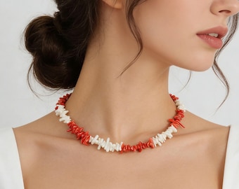 Collar de cuentas de coral natural blanco/naranja de 3 x 12 mm, hecho a mano, para amigas/mujeres.
