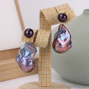 Peacock Black Baqoue Pearls Earrings,Freshwater Pearls Dangle Earrings,Gold Plated Stud Earrings,Handmade Flameball Pearls Earrings-PE2322