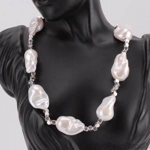15-18MM Natural White Baroque Pearls Necklace,Freshwater Pearls&Silver Square Beads Necklace,Gift for Her,Handmade Necklace,Christmas Gift