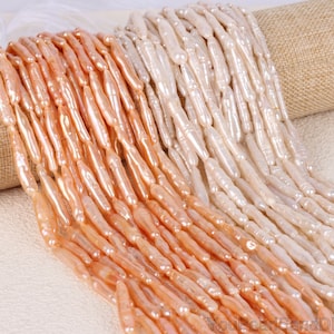 High Lustrous Stick Biwa Freshwater Pearl,Natural Long White/Pink Biwa Pearl Beads,Loose Biwa Pearl Strand, DIY Pearl Jewelry-15inches-PB002