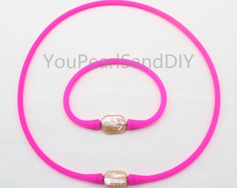45cm Waterproof Elastic Rrubber Necklace With 14-16mm Pink Freshwater Pearl,Necklace for Women,Gift-W075