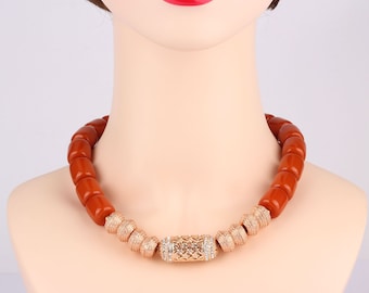Handmade Chunky Orange Red Coral Necklace,Statement Wedding Necklace for Women/Her,Gift