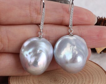14-19x22-25MM Gray Baroque Freshwater Pearls,Handmade Silver HookEarrings,Wedding Earrings,Pearl Jewelry-E002