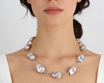 16-20x23-25mm Gray Natural Baroque Pearl,Handmade Fireball Pearl Statement Necklace,Gift for Friends
