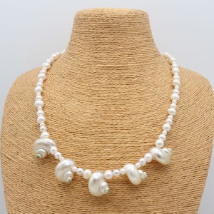 Handmade Rare Style White Freshwater Pearl&Shell Beads Necklace,Natural White Freshwater Pearls Necklace,Shell Beads Necklace,Gift For Her