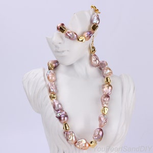 Large Flameball Pearl Necklace With Nugget Golden Beads,High Luster Baroque Pearl  Earrings,Natural Pearls Bracelet,Mother's Day Gift-NL2302