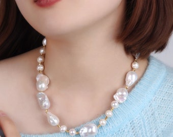 15-16x20-21MM Natural White Large Baqroque Pearls Jewelry,Baroque Pearls With 10 MM Round Pearls,Elegant Pearl Necklace Gift,Gift for Her