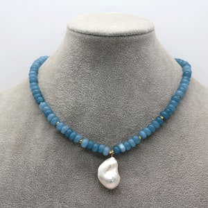 Blue Aventurine And White Baroque Pearl Necklace,Variety of Gmestone Necklace With Gold Plated Beads,Gift For Best Friend, Gifts For Women
