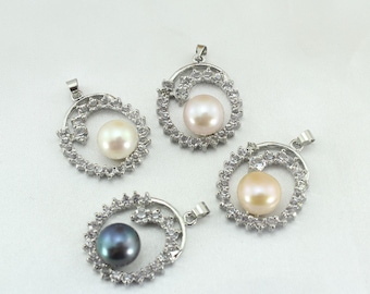 Large Silver Plated Pendant,Freshwater Pearl Pendant With CZ,Gemstones Gift,Pearl Charm,Necklace Pendant,Wholesale Charms,Craft Supplies