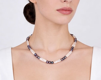 Handmade White & Peacock Baroque Stick Pearl Choker Jewelry, Freshwater Pearl Necklace for Women