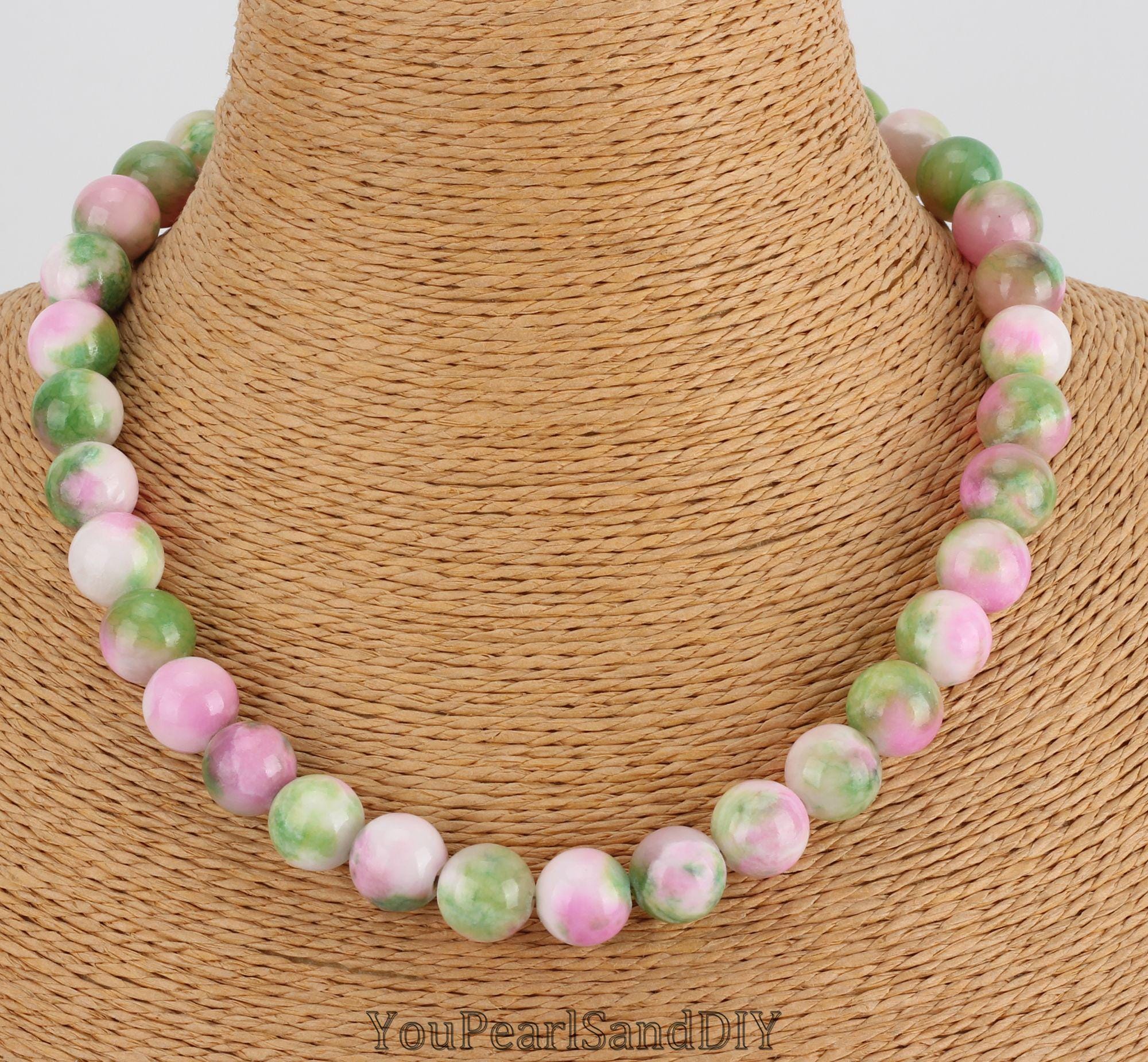 12mm Pink Green White Persian Jade Beads Necklace,Handmade Gemstone Beading Necklace,High Luster Necklace,Colorful Necklace,Gifts for Her
