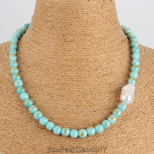 8mm Gold Powder Plated Blue Jade Beads&White Baroque Pearl Necklace,Fresh Blue Beading Necklace,Handmade Jade Beads Necklace,Gifts-STN00166