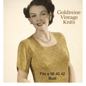 May include: A vintage gold knitted top with a square neckline and short sleeves. The image includes the text "Goldmine Vintage Knits" and "Fits a 38 40 42 Bust."