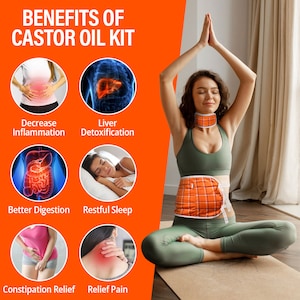 May include: A woman in green yoga pants and a green tank top is sitting in a yoga pose. She is wearing a red and white checkered castor oil wrap around her waist and a similar wrap around her neck. The image shows the benefits of using a castor oil kit, including decreased inflammation, liver detoxification, better digestion, restful sleep, constipation relief, and pain relief.