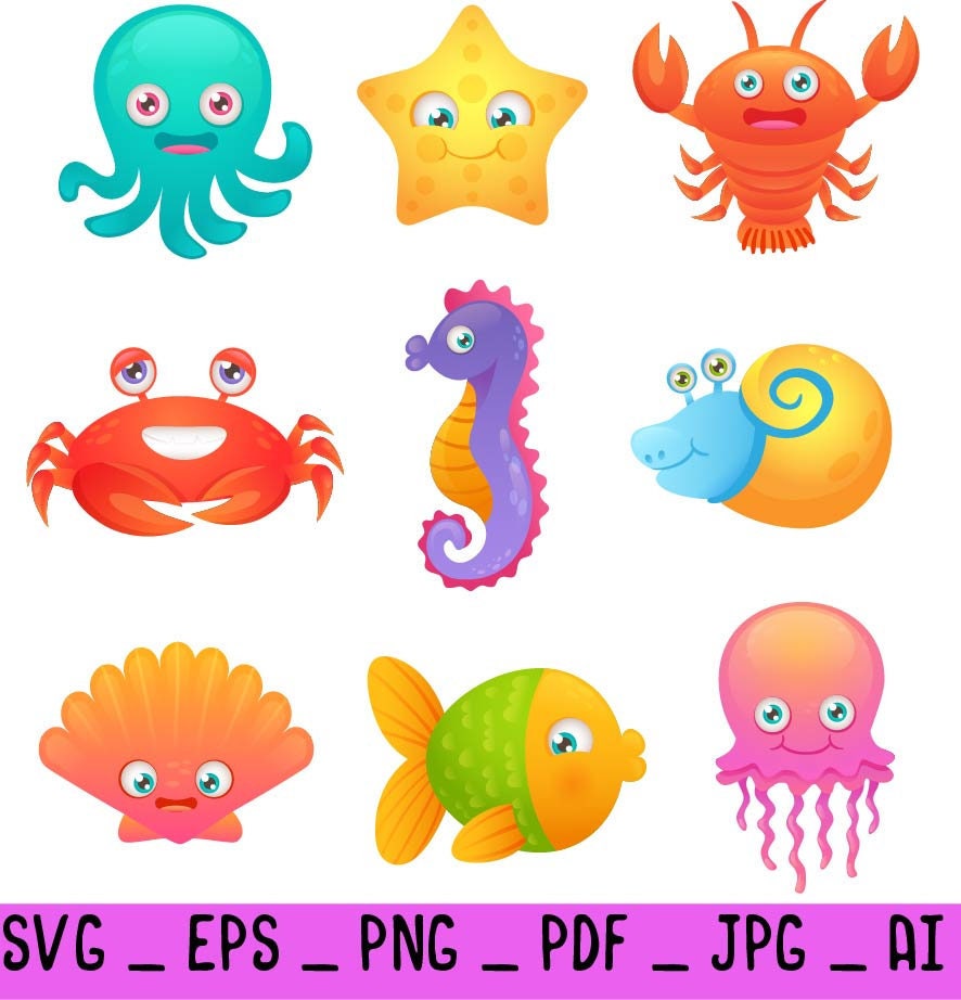 Download Cute Sea Animals svg sea animals clip art crab fish | Etsy