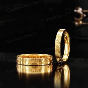 Celestial Sun & Moon Couple Bands, Gold Matching Promise Ring, Engraved Star Wedding Band Set, Galaxy Wedding Band, Custom His and Her Band