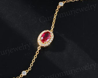 Klassisches Oval Rubin & Moissanit Halo Armband, 10K Gold Kettenarmband, Birthstone Armband, Jubiläum Geburtstagsgeschenk Armband, Geschenk für Sie