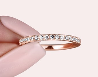 Classic Pave 1.8MM Wedding band Rose gold minimalist ring half eternity Stackable Moissanite wedding band sterling silver CZ bridal ring