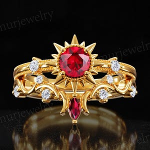 Vintage Celestial Ruby Engagement Ring Set, Sun and Moon Bridal Set, Unique Curved Wedding Band, Handmade Gold Ring, Promise Ring for Women